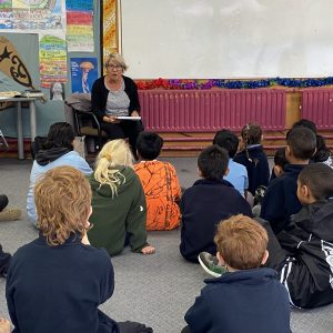 Author Elena de Roo with junior students at Opononi Area School Northland Story Tour 2022_IMG_1348