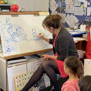 Ruth Paul illustrates a student-generated story about a taniwha at Pakaraka School Northland Stroy Tour_IMG_1428